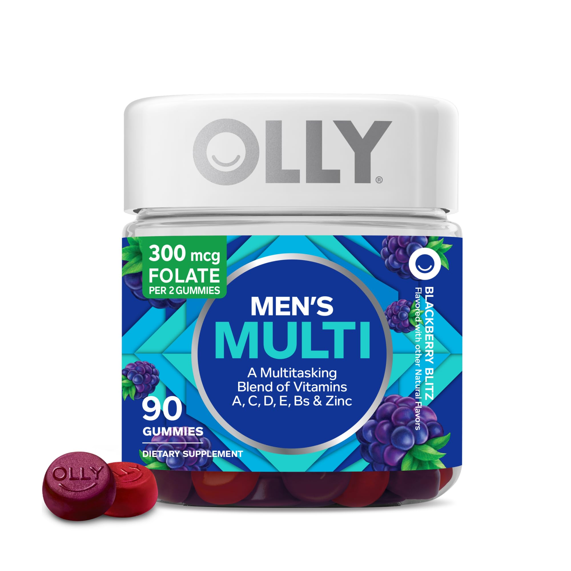 OLLY Men's Multivitamin Gummy A, C, D, E, B, Zinc, Blackberry Flavor - 90 Count  
OLLY Men's Daily Multivitamin Gummy, 4